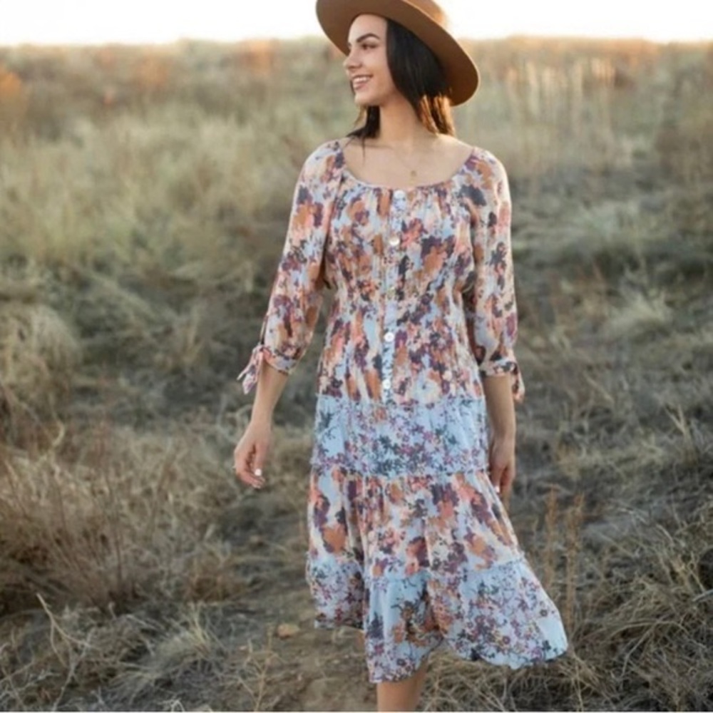Anthropologie Floral Midi Dress in Blue, Tan, Pink